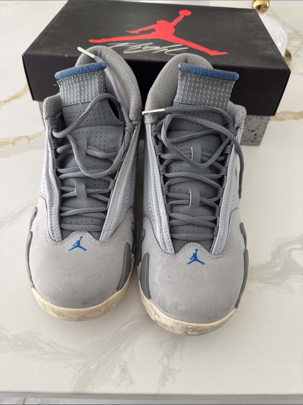 Jordan Grey and Blue Retro Basketball Sneakers